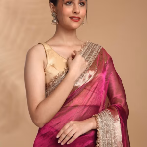 Banarasi Tissue Silk with Zari Border Gota Work Magenta Saree & Unstitched Blouse