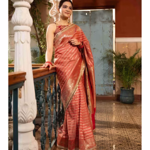 Blush Coral Pure Silk Banarasi Handloom Saree with Unstitched Blouse