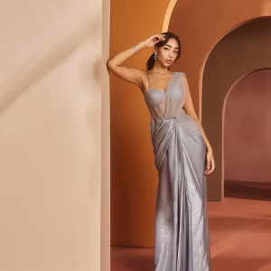Faizah Grey Glitter Georgette One-Piece Saree with Stitched