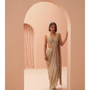 Gold Flake Pleated Saree with Stitched Blouse